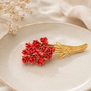 Vintage Avon Red Enamel Rose Bouquet Brooch Gold Tone Floral Pin Gift Valentine